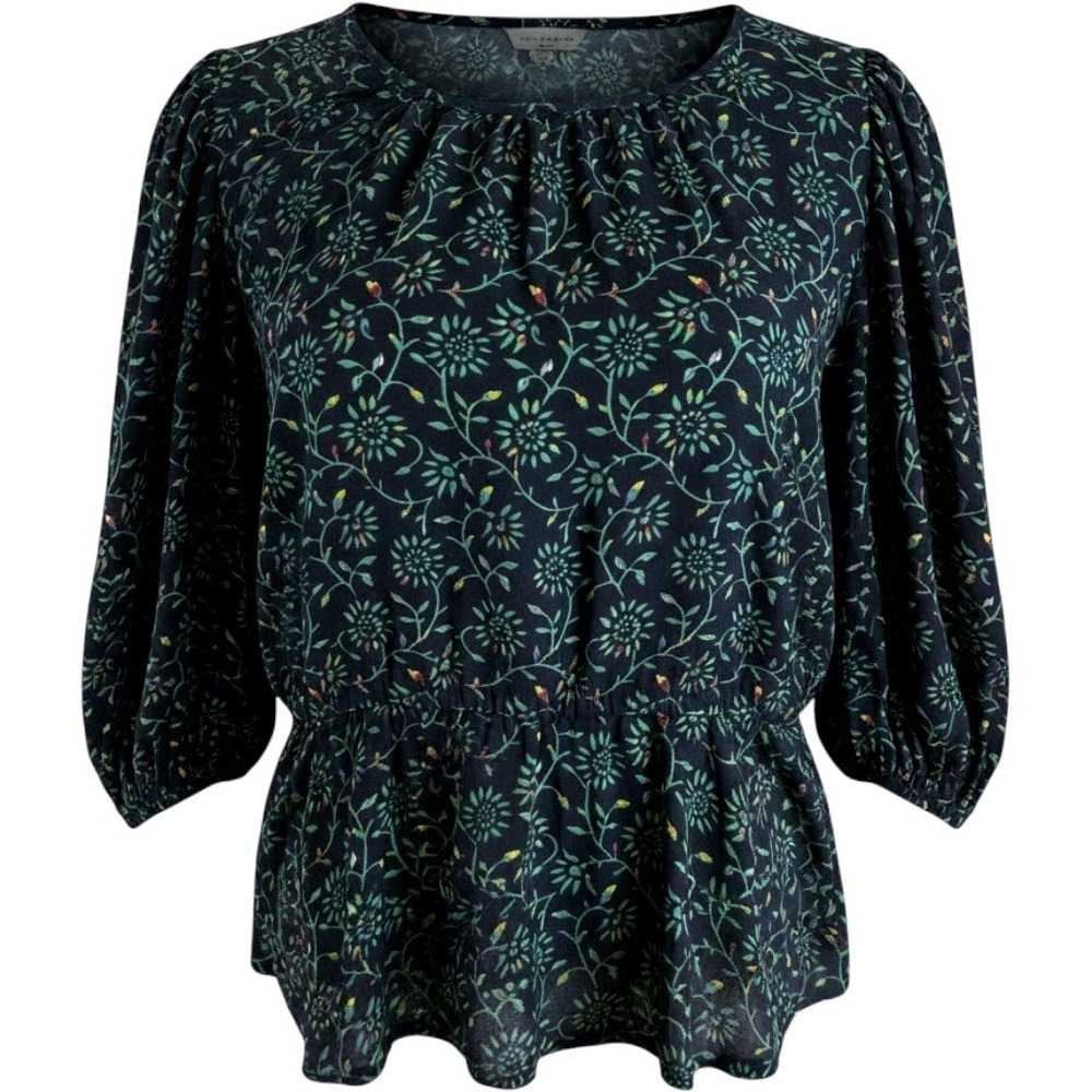 Meadow Rue Anthropologie Navy Floral Peplum Blouse 3/4 Puff Sleeve L Dark Floral